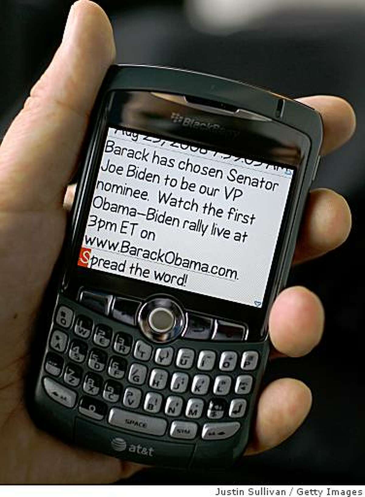 SAN ANSELMO, CA - AUGUST 23: In this photo illustration, a text message from the Barack Obama campaign on a cell phone announces U.S. Sen. Joe Biden (D-DE) as the Democratic Vice Presidential running mate August 23, 2008 in San Anselmo, California. Presumpitve Democratic Presidential nominee U.S. Sen. Barack Obama (D-IL) notified supporters of his choice for VP via text message early Saturday morning. (Photo Illustration by Justin Sullivan/Getty Images)