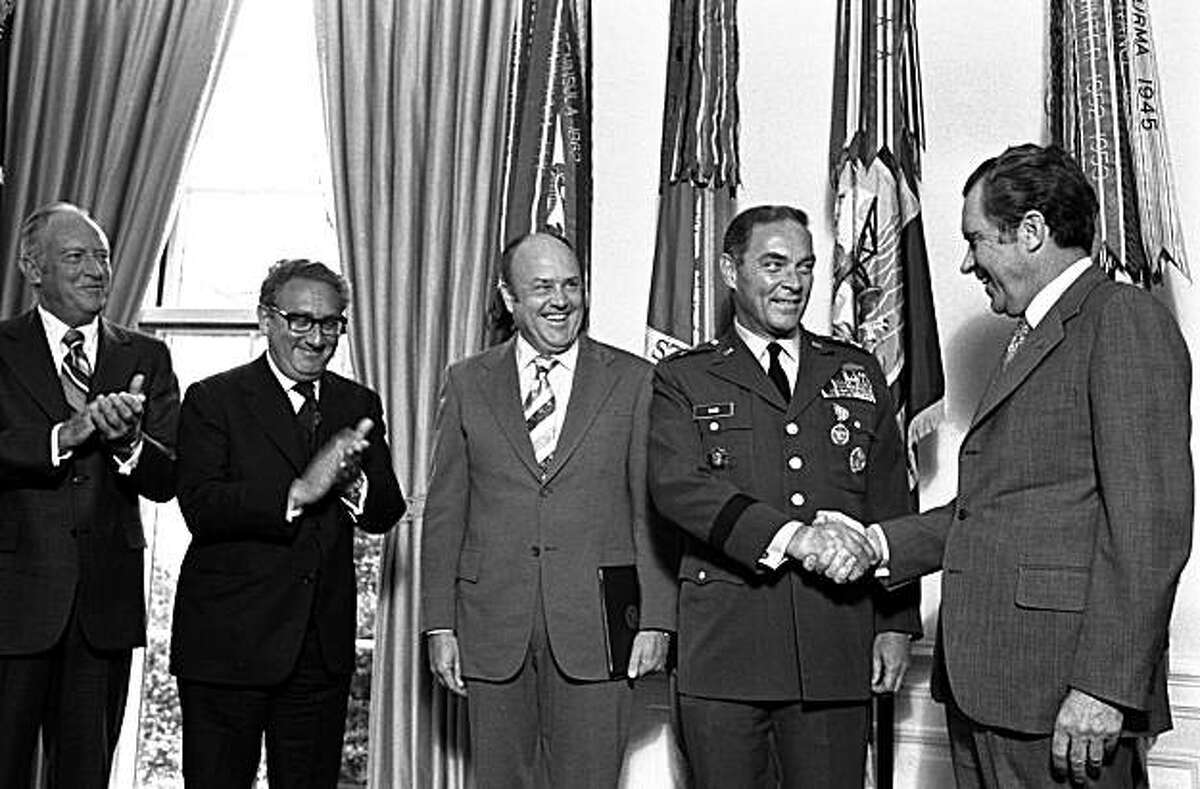 FILE- In this Jan. 4, 1973 file photo, President Nixon, right, congratulates Gen. Alexander Haig after presenting him with the Distinguished Service Medal at the White House. Joining the ceremony, from left, Secretary of State William Rogers, PresidentialAdviser Henry Kissinger, and Secretary of Defense Melvin Laird. Former Secretary of State Alexander Haig, who served Republican presidents and ran for the office himself, has died. The Haig family says he died Saturday Feb. 20, 2010 at Johns Hopkins Hospital in Baltimore from complications associated with an infection. He was 85.
