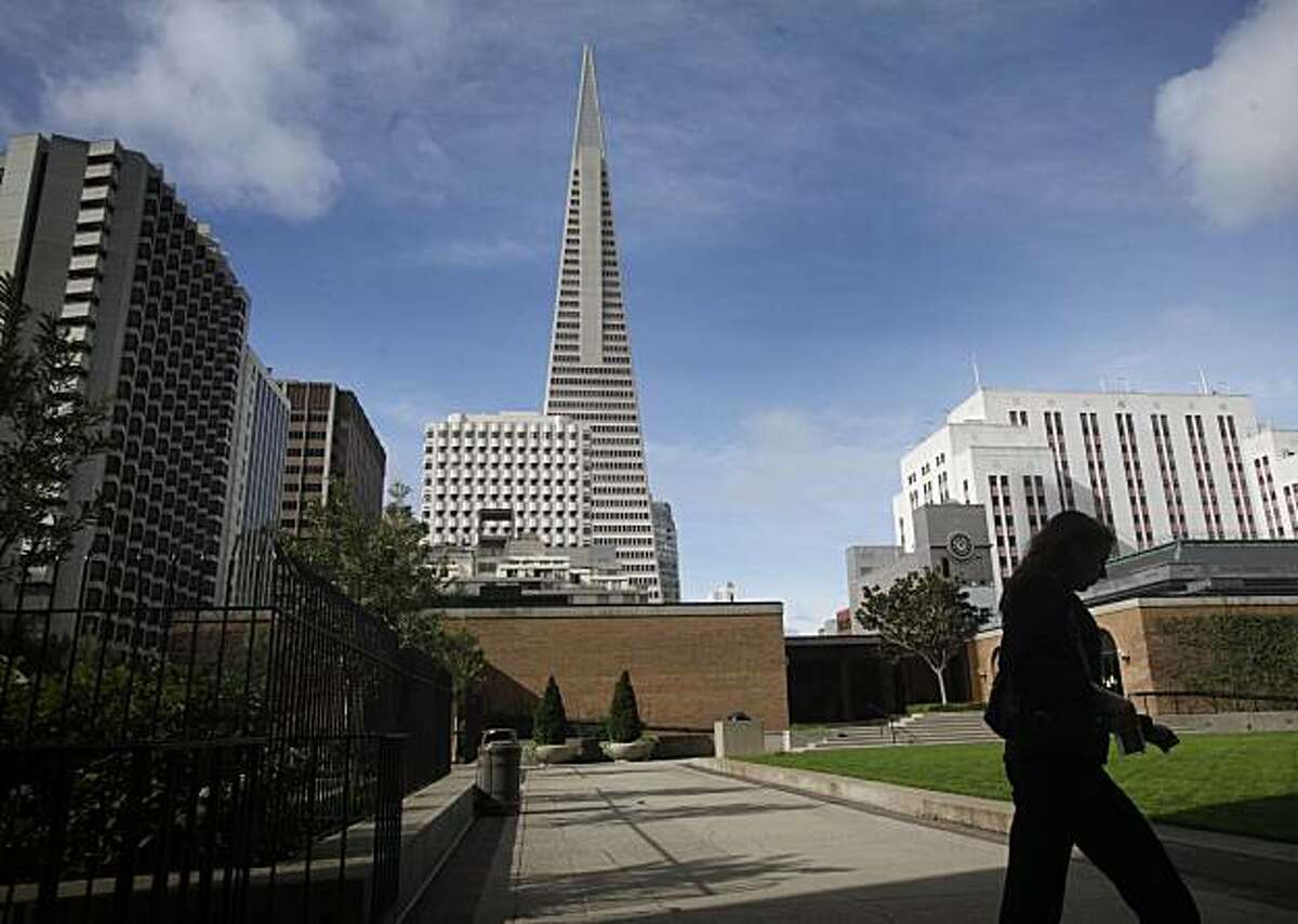 The Transamerica Pyramid, seen from Maritime Plaza on Wednesday Feb. 10, 2010 in San Francisco, Calif., may soon share the skyline with a 38-story condominium tower proposed for 555 Washington Street. If built, the building will cast shadows on two public parks -- Maritime Plaza and Sue Bierman Park -- which is in violation of current city rules.