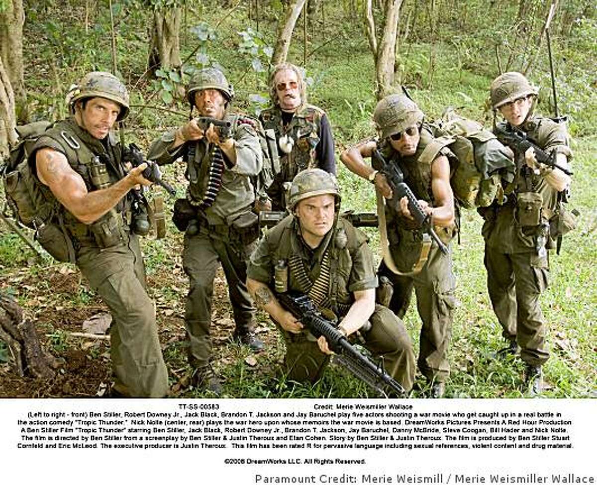 "Tropic Thunder"Left to right - front) Ben Stiller, Robert Downey Jr., Jack Black, Brandon T. Jackson and Jay Baruchel play five actors shooting a war movie who get caught up in a real battle in the action comedy ?Tropic Thunder.? Nick Nolte (center, rear) plays the war hero upon whose memoirs the war movie is based.