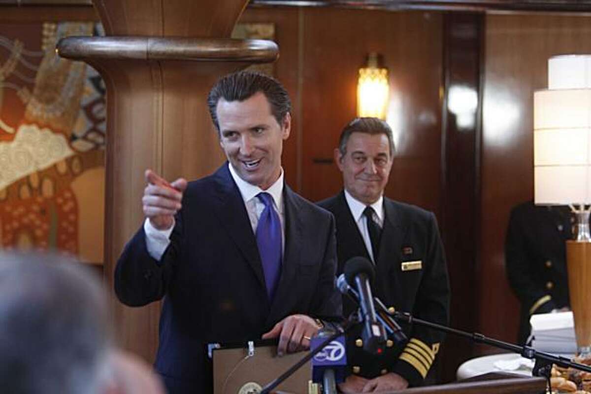 San Francisco Mayor Gavin Newsom excepts a plaque honoring San Francisco's hospitality to Cunard's newest luxury liner, the Queen Victoria, on Wednesday January 27, 2010 in San Francisco, Calif. The 11 deck ship, here for a one-day-only visit, has over 1,000 stateroom, a Royal Theater, a grand ballroom, and restaurants galore.