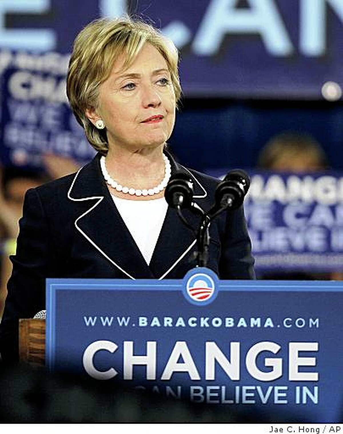 Sen. Hillary Rodham Clinton, D-N.Y., pauses for a moment while speaking at a campaign stop for Democratic presidential candidate, Sen. Barack Obama, D-Ill., Friday, Aug. 8, 2008, in Henderson, Nev. (AP Photo/Jae C. Hong)