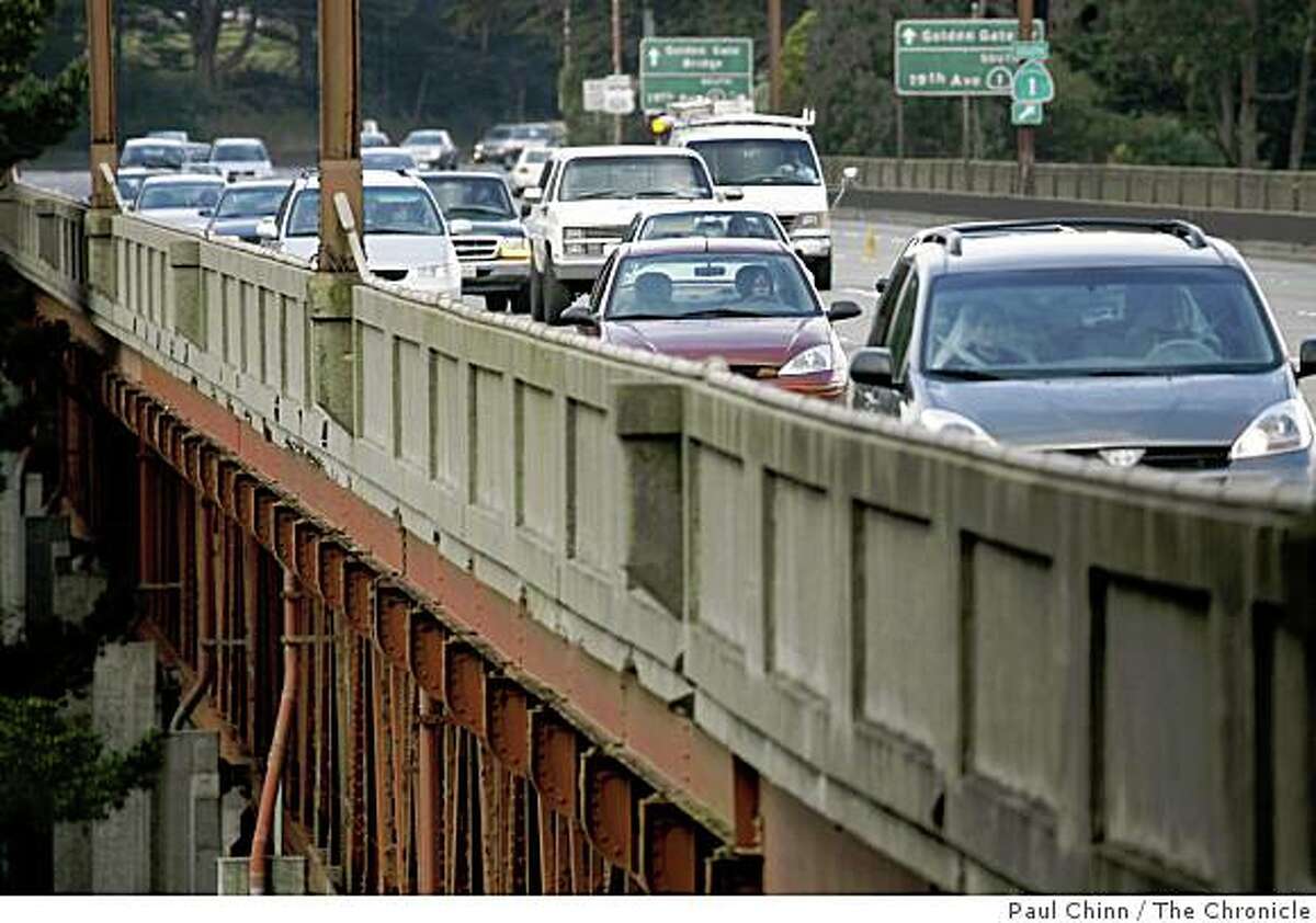 Morning commuters on Doyle Drive, the elevated portion of Highway 101 stretching from the Golden Gate Bridge to Lombard Street, in San Francisco, Calif. on March 15, 2006.