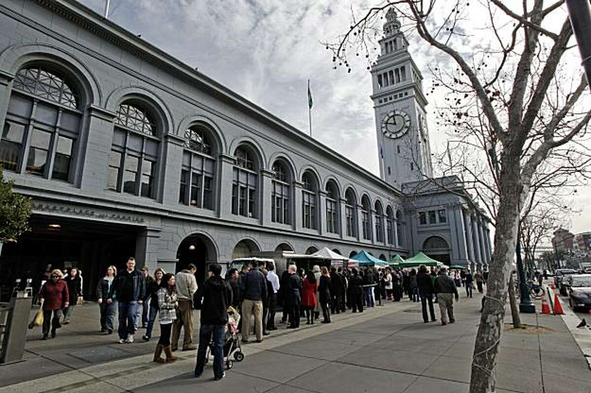 The Farmer's Market outside the Ferry Building, on Thursday January 28, 2010, is packed with a lunch-time crowd.The changing profile of the businesses in the San Francisco Ferry Building, when it opened nearly 7 years ago, it was all about promoting artisan food producers. Now, many of those people have lost their leases, and rents are going up, forcing many out.