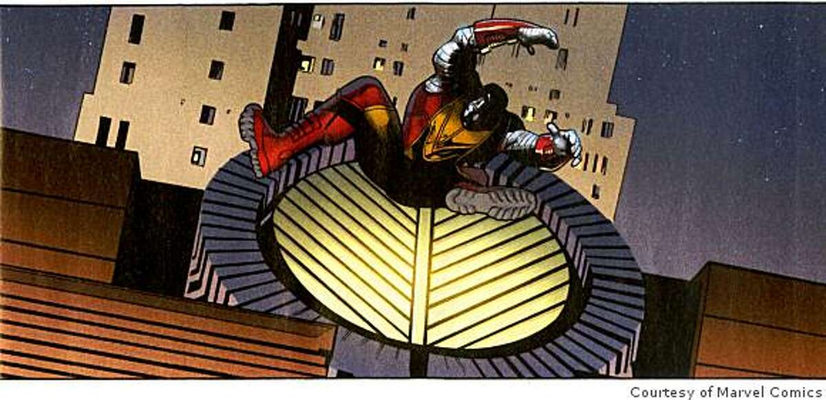 X-Men Colossus falls thru a skylight of SFMOMA.