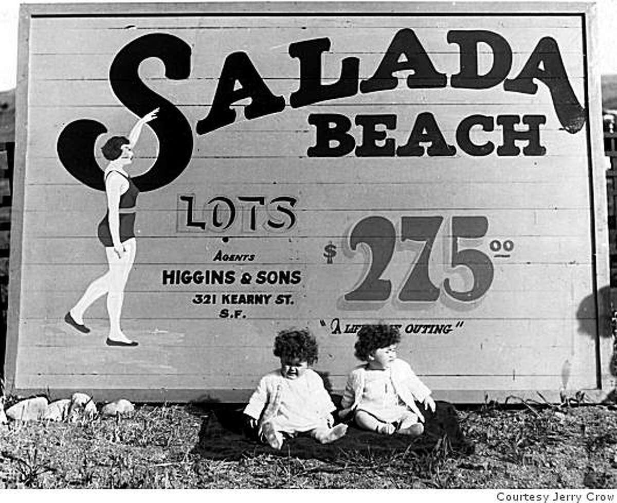 Billboard touting lots at Salada Beach (which became Sharps Park) in the early 1900s. San Francisco developers started the Ocean Shore Railroad, which operated from 1905 to 1920, and also created the Ocean Shore Land Company to sell real estate to those entranced by the environment.