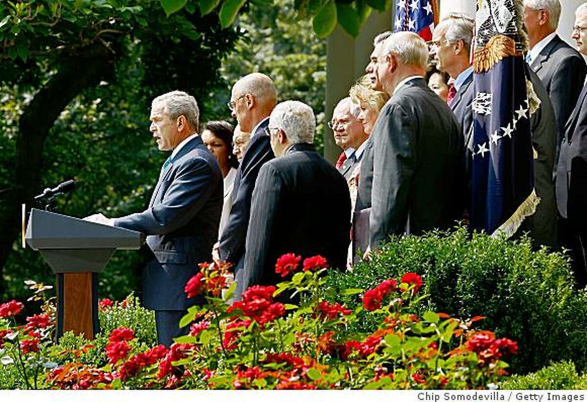 WASHINGTON - JULY 30: U.S. President George W. Bush (L) makes a statement with members of his Cabinet in the Rose Garden at the White House July 30, 2008 in Washington, DC. Bush demanded that Congress lift the ban on off-shore oil exploration of the outer continental shelf before taking their summer recess. (Photo by Chip Somodevilla/Getty Images)
