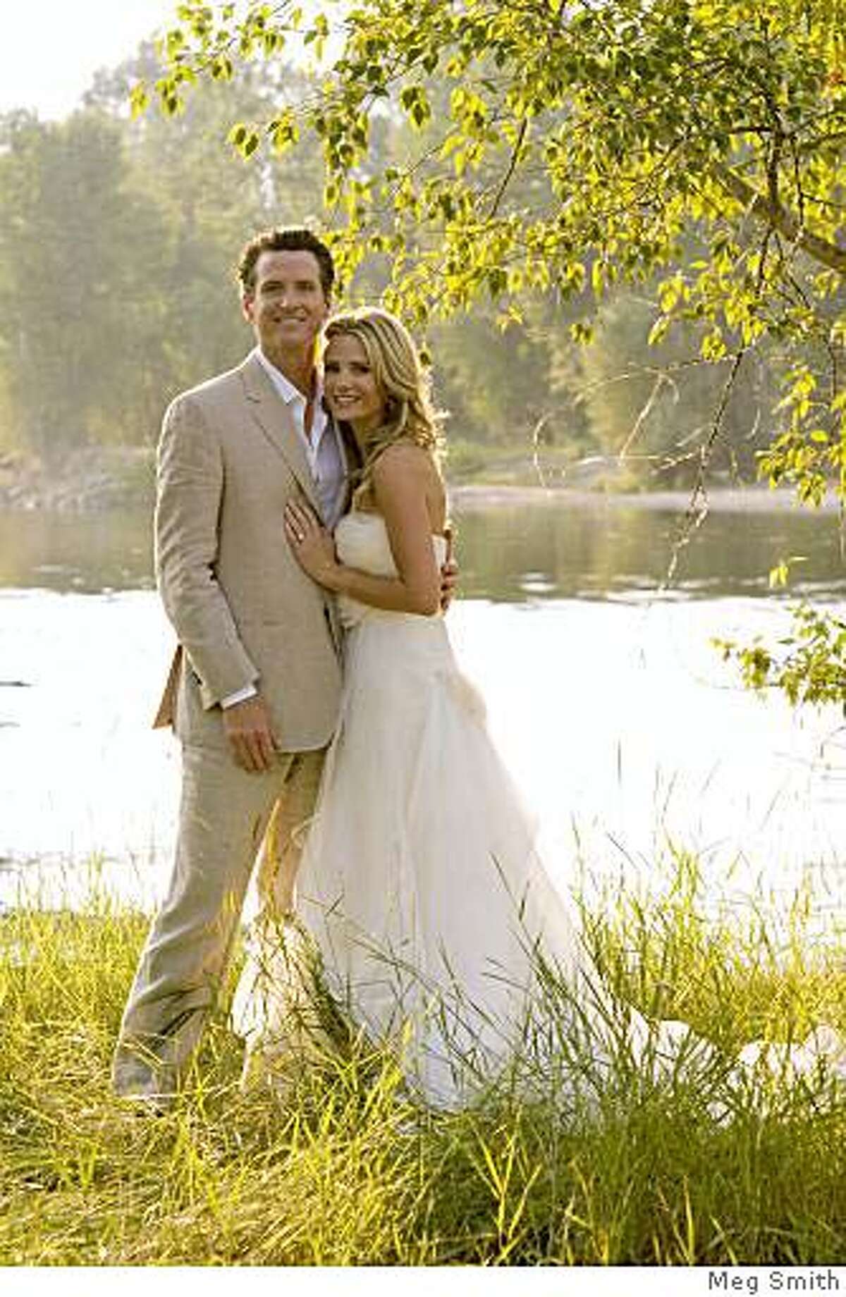 San Francisco Mayor Gavin Newsom poses with his new wife actress Jennifer Siebel July 26, 2008 in Stevensville, Montana. Newsom and Siebel were married at her parents' Montana ranch. The actress has a recurring role on the TV series "Life." (Meg Smith via Getty Images)