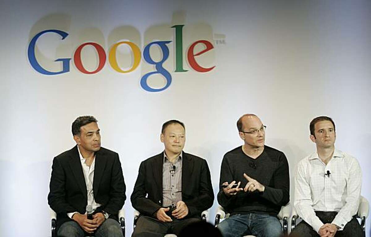 (L-R) Dr. Sanjay Jha, CEO of Motorola, Peter Chou, CEO of HTC, Andy Rubin, vice president of engineering for Google, and Mario Quieroz, vice president of product management for Google, during a question and answer period after the unveiling of the Nexus One smartphone, the first mobile phone the internet company will sell directly to consumers, during a news conference at Google headquarters in Mountain View, California January 5, 2010. AFP PHOTO/Robert Galbraith/POOL (Photo credit should read ROBERT GALBRAITH/AFP/Getty Images)