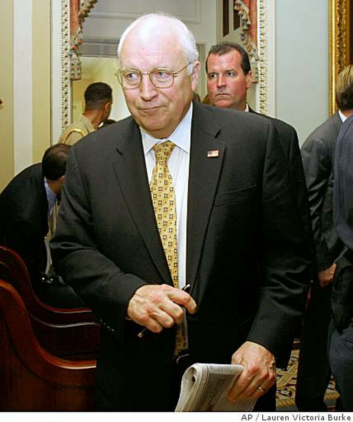 Vice President Dick Cheney leaves the weekly Republican luncheon on Capitol Hill in Washington, Tuesday, June 5, 2007. Earlier, Cheney's former Chief of Staff I. Lewis "Scooter" Libby was sentenced to 2 1/2 years in prison in the CIA leak investigation. (AP Photo/Lauren Victoria Burke)