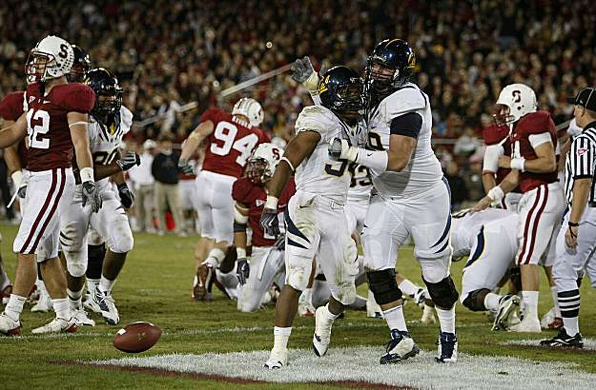 California's Shane Vereen (34) and California's Mike Tepper (79), celebrate his touchdown in the 2nd quarter in the Big Game action as the Stanford Cardinal comes up short to the California Golden Bears 34-28 in Palo Alto, Calif. on Saturday November 21, 2009.