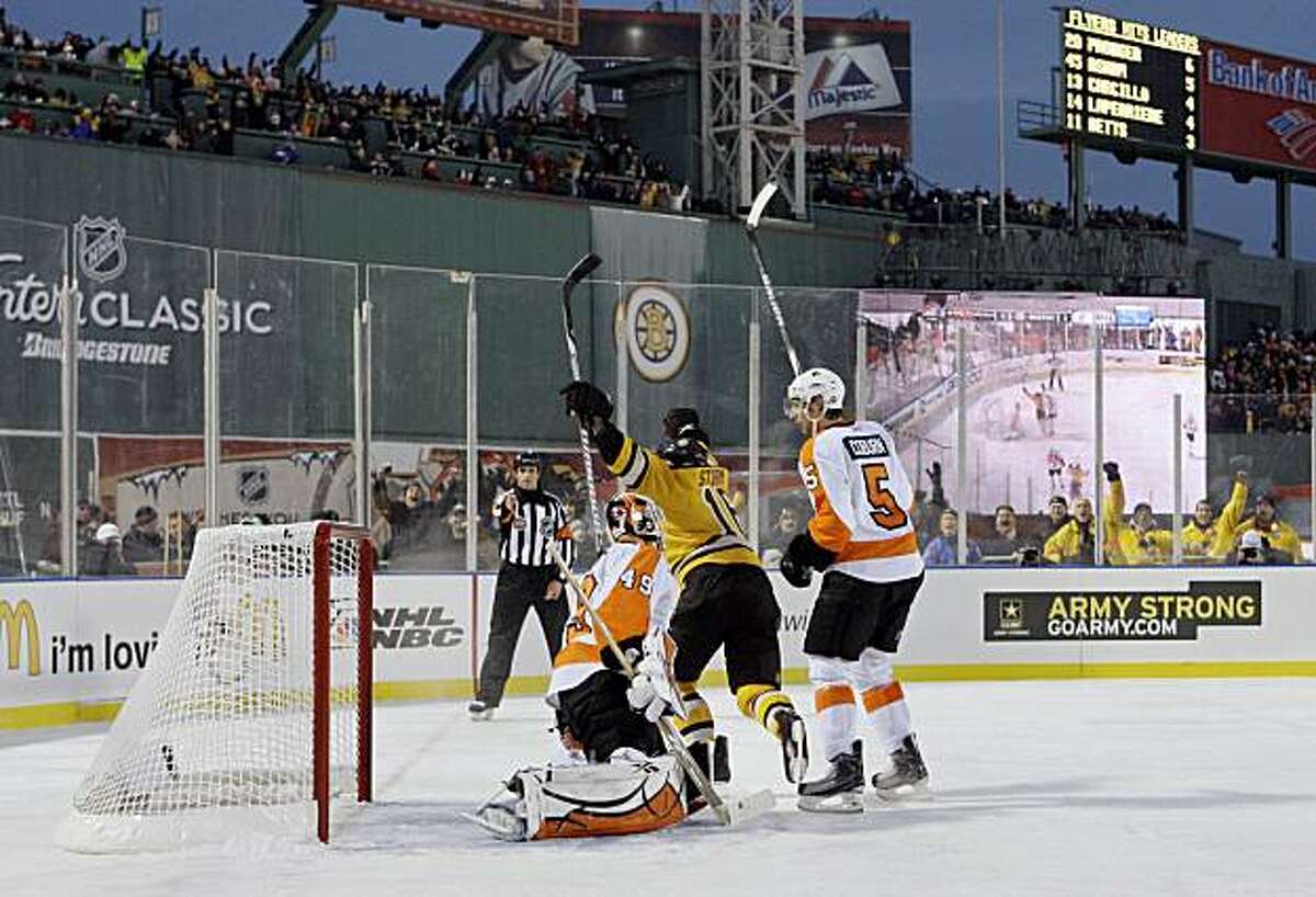 Boston Bruins left wing Marco Sturm (16), of Germany, celebrates after scoring the game-winning goal in overtime in front of Philadelphia Flyers goalie Michael Leighton (49) and defenseman Braydon Coburn (5) in the New Year's Day Winter Classic NHL hockey game on an outdoor rink at Fenway Park in Boston, Friday, Jan. 1, 2010. The Bruins won 2-1 in overtime. (AP Photo/Elise Amendola)