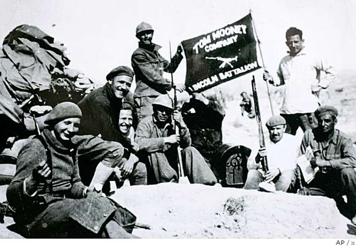 ** APN ADVANCE FOR SUNDAY, APRIL 27 ** In this 1937 photo provided by Spanish Civil War veteran Dave Smith, upper right, shows members of the Lincoln Brigade in Jarama, Spain. Although the Spanish Civil War has been enshrined in literature and art by the likes of Ernest Hemingway and Pablo Picasso, Americans who risked their lives for the values at stake were never recognized in their home country. (AP Photo/Courtesy of Dave Smith)