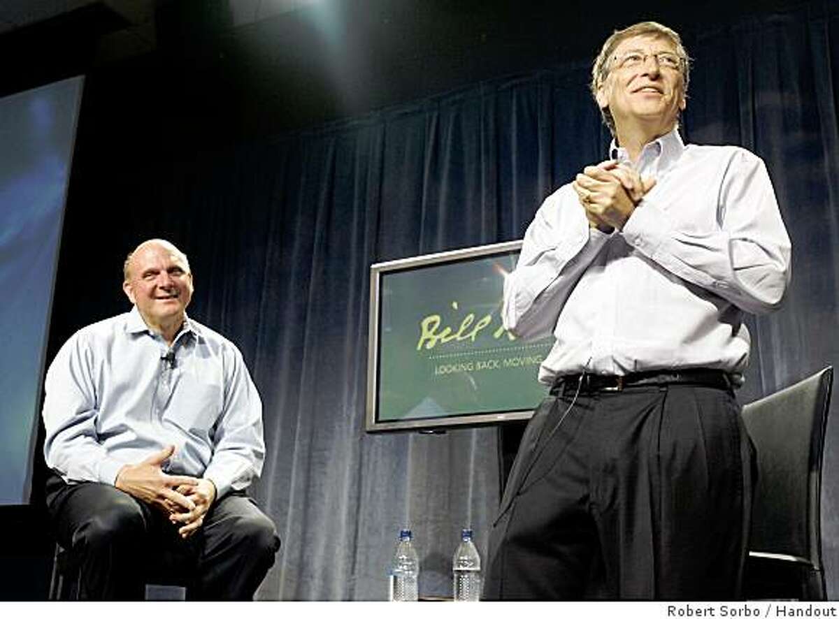 REDMOND, WA - JUNE 27: (LtoR) Microsoft CEO Steve Ballmer looks on as chairman Bill Gates speaks to employees, at company headquarters on June 27, 2008 in Redmond Washington. Today is Gates last day as an everyday employee of Microsoft. (Photo by Robert Sorbo/Microsoft/ via Getty Images)
