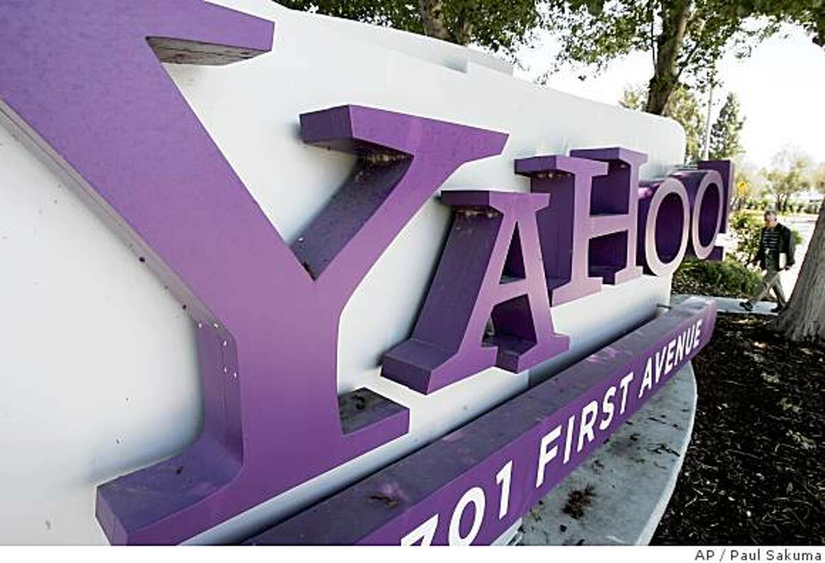 A sign outside Yahoo headquarters in Sunnyvale, Calif. is seen Wednesday, July 2, 2008. Yahoo Inc. shares rose more than 5 percent Wednesday as The Wall Street Journal reported Microsoft Corp. has talked to other media companies about teaming up to buy Yahoo's search business. (AP Photo/Paul Sakuma)