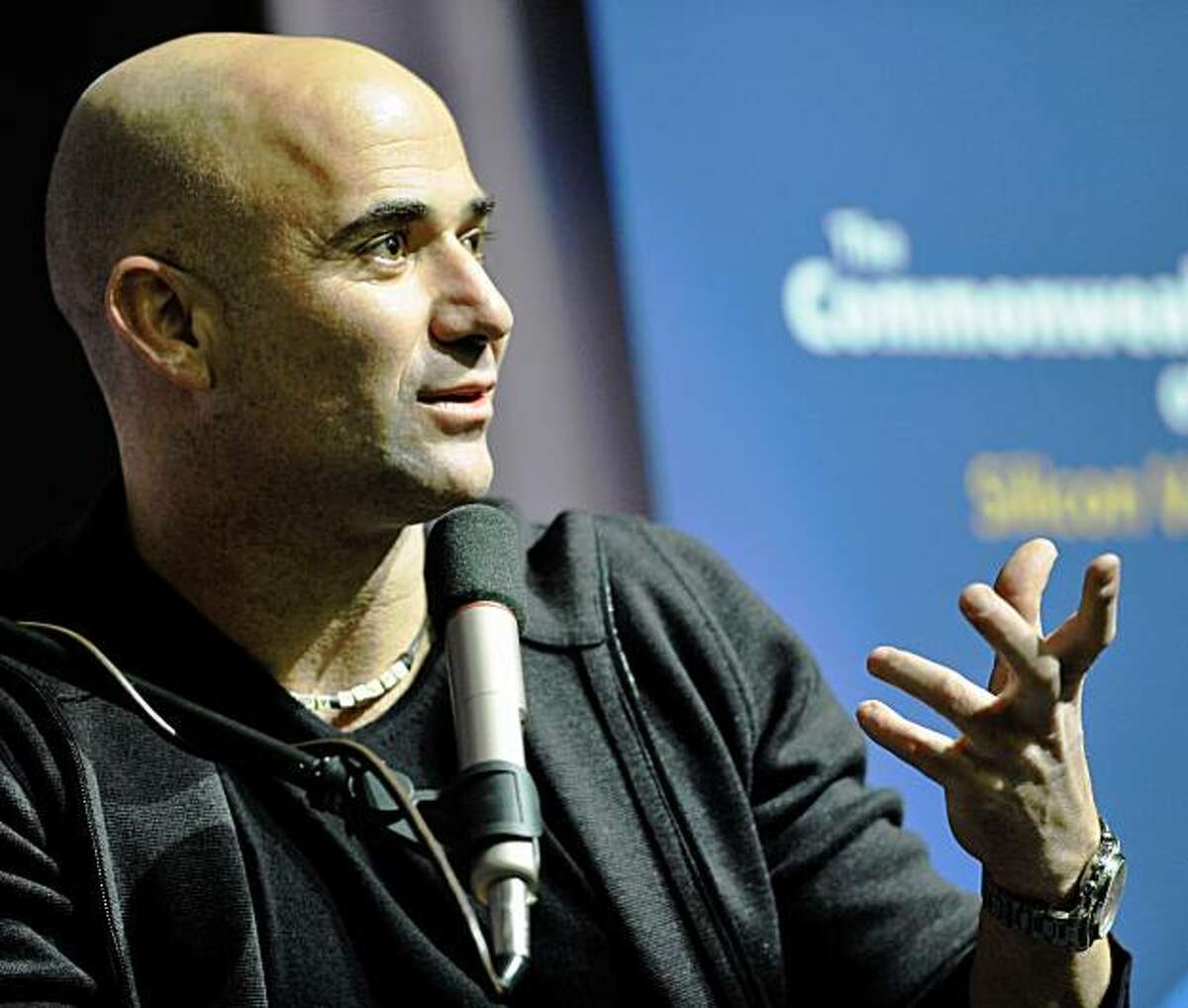 Retired tennis player Andre Agassi discusses his new autobiography "Open" at the Oshman Jewish Community Center in in Palo Alto, Calif., Friday Nov. 20, 2009. (AP Photo/Russel A. Daniels)
