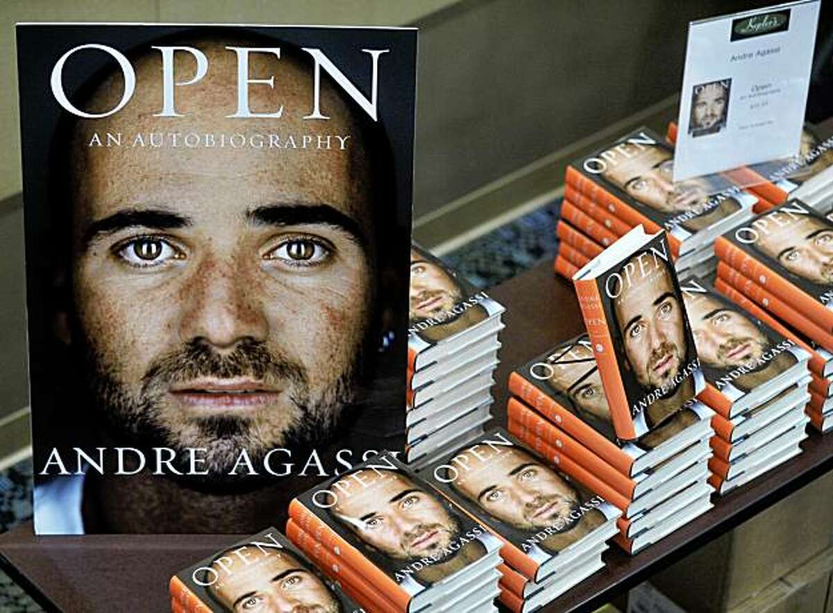 Copies of Andre Agassi's new autobiography "Open" are stacked at the Oshman Jewish Community Center in in Palo Alto, Calif., Friday Nov. 20, 2009. Agassi discussed his new book at the community center. (AP Photo/Russel A. Daniels)