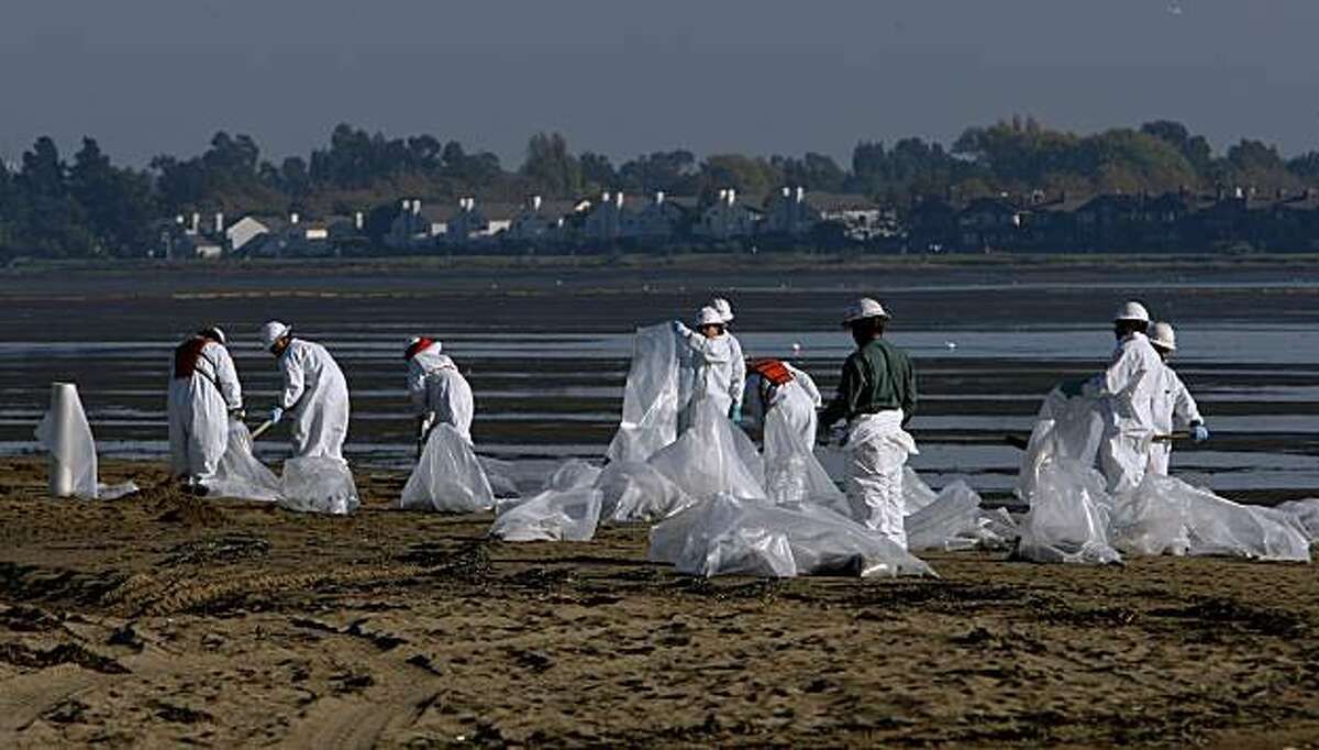 Hazardous materials personnel scour Crown Memorial Beach in the Alameda, Calif. on Saturday October 31, 2009, picking up tar balls from yesterday's oil spill from the tanker, "Dubai Star" which leaked bunker oil into San Francisco Bay. Crown Memorial Beach remains closed for the clean up.