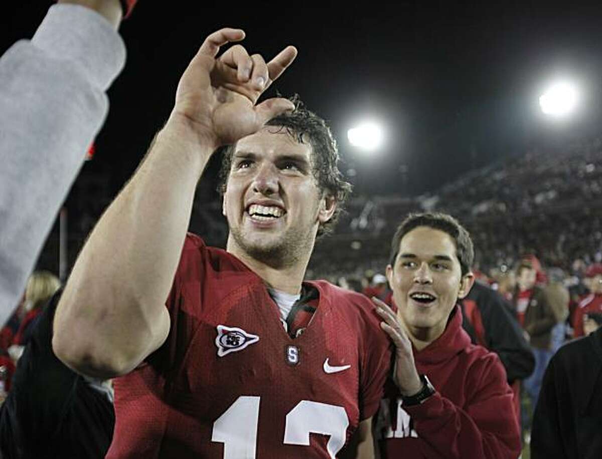 Stanford quarterback Andrew Luck (12) celebrates after Stanford defeated Notre Dame 45-38 in their NCAA college football game in Stanford, Calif., Saturday, Nov. 28, 2009. (AP Photo/Paul Sakuma)