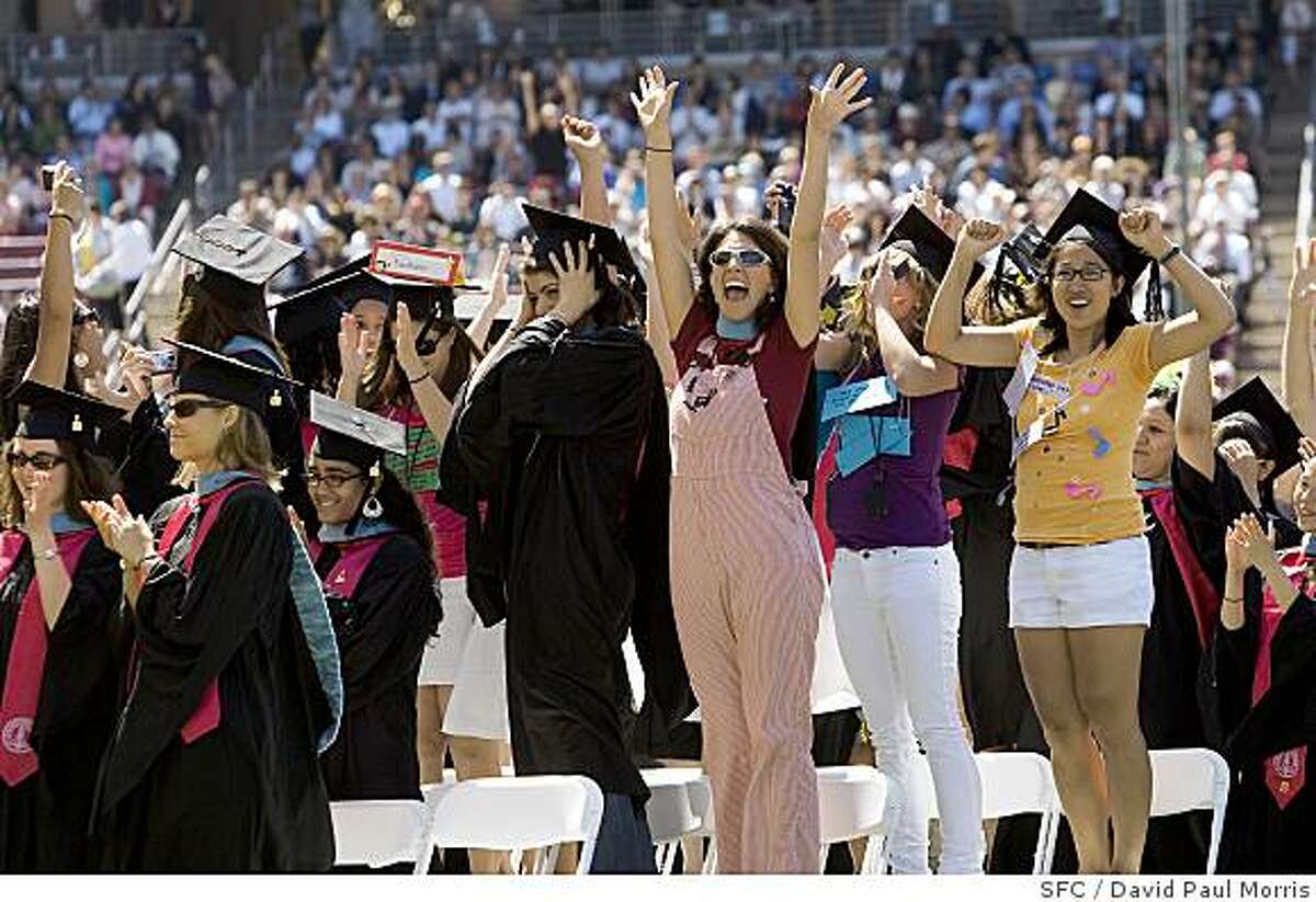 Graduates cheers as Global media leader and international philanthropist Oprah Winfrey gives the keynote speech at the 107th Stanford University Commencement ceremonies June 15, 2008 at Stanford University. (Photograph by David Paul Morris / The Chronicle