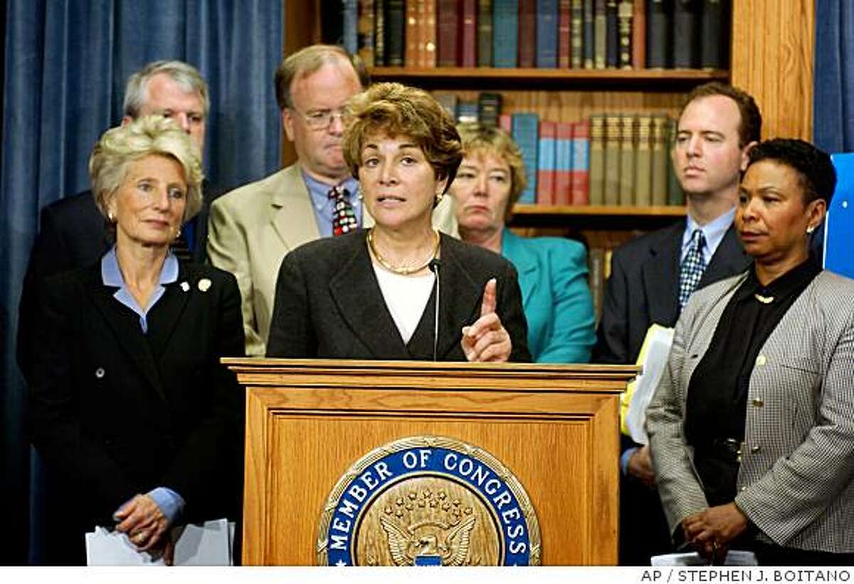 Representative Anna Eshoo, D-Calif., center, accompanied by fellow members of Congress, appear at a news conference on Capitol Hill, Thursday, May 9, 2002, in Washington, held to call on Congress to investigate the business conduct and pricing practices of the Enron Corp. in California and in other Western states. From left are, Rep. Jane Harman, D-Calif.; Rep. Brian Baird, D-Wash.; Rep. Sam Farr, D-Calif.; Eshoo, Rep. Zoe Lofgren, D-Calif.; Rep. Adam Schiff, D-Calif.; and Rep. Barbara Lee, D-Calif. (AP