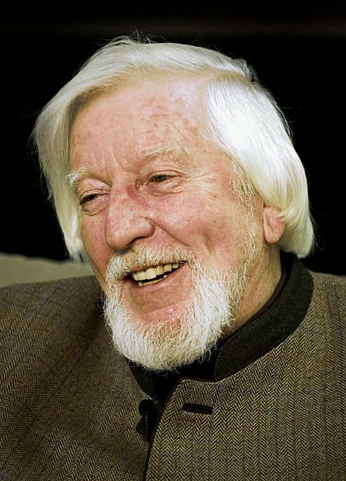FILE - In this April 10, 2008 file photo, Caroll Spinney, puppeteer for the character Big Bird, is interviewed during a break from taping an episode of "Sesame Street" in New York. (AP Photo/Mark Lennihan, file)