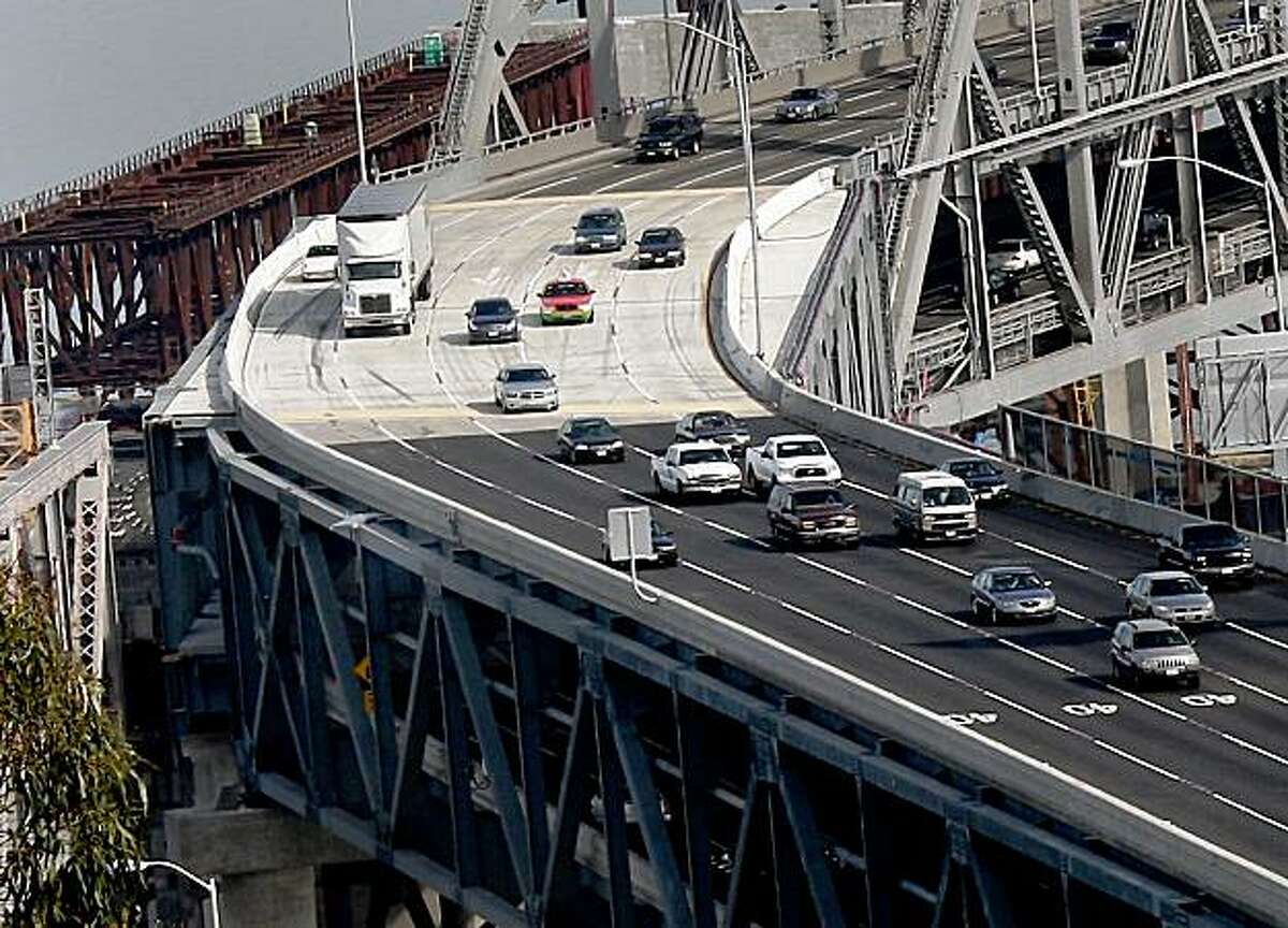 Detail of the S curve of the Bay Bridge where the truck went over. Notice the mattress still on the span and skid marks. A truck carrying pears plunged off the "S" curve area of the Bay Bridge early Monday morning landing on Yerba Buena island and killing the driver November 9, 2009.
