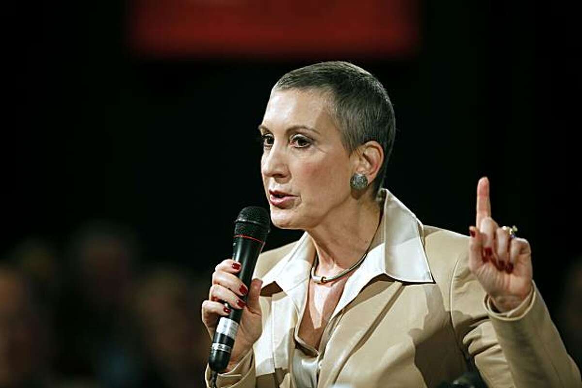 Carly Fiorina delivers a speech to the Tri-Valley Business Council in Pleasanton during a town hall meeting Friday Nov 6, 2009. Fiorina who said she is cancer free hopes to unseat U.S. Senator Barbara Boxer in next year election.
