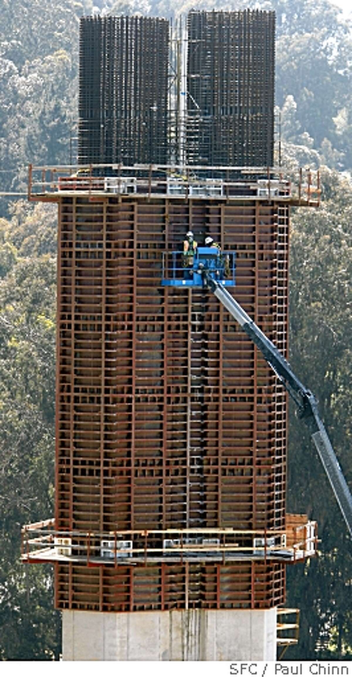 A construction crew works on a column which will support the new eastern span of the Bay Bridge on Yerba Buena Island in San Francisco, Calif. on Tuesday, May 6, 2008.Photo by Paul Chinn / San Francisco Chronicle