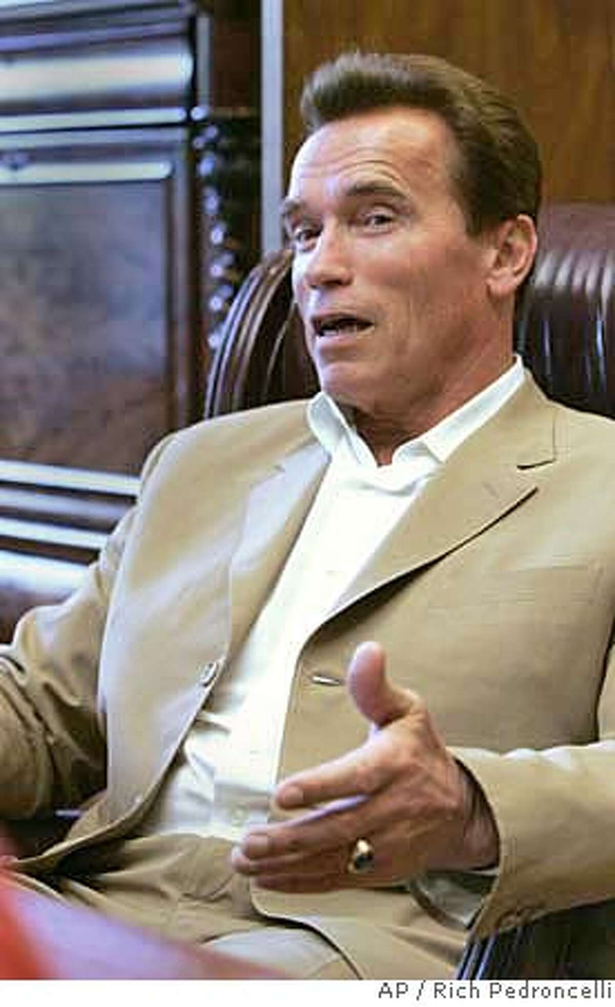 ###Live Caption:Gov. Arnold Schwarzenegger responds to a question during an interview with the Associated Press, in his Capitol office in Sacramento, Calif., Tuesday, April 29, 2008.(AP Photo/Rich Pedroncelli)###Caption History:Gov. Arnold Schwarzenegger responds to a question during an interview with the Associated Press, in his Capitol office in Sacramento, Calif., Tuesday, April 29, 2008.(AP Photo/Rich Pedroncelli)###Notes:###Special Instructions: