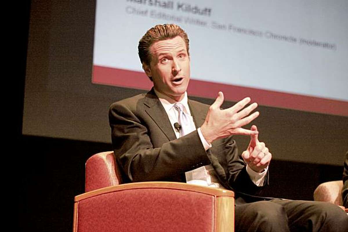 San Francisco Mayor Gavin Newsom fields questions from Chronicle editorial writer and event moderator Marshall Kilduff at a panel discussion at Santa Clara University, Projections 2010: Leadership California, Sept. 16. The event was hosted by the Silicon Valley Leadership Group.