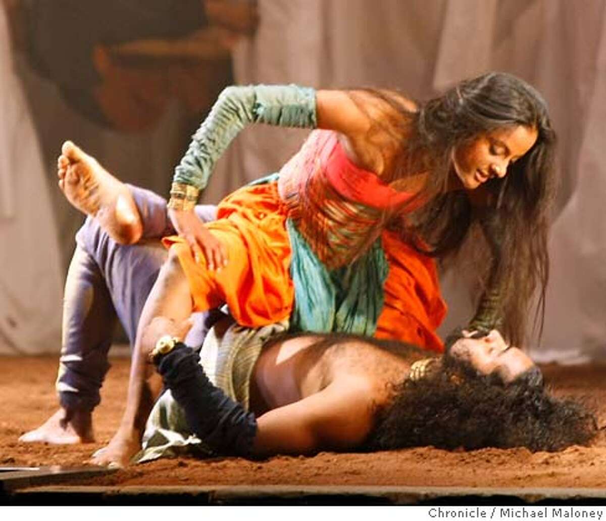 Archana Ramaswamy, top, playing Titania, Queen of the Fairies, below her is P R Jijoy, playing Oberon, King of the Fairies, during the matinee performance of Shakespeare's A Midsummer Night's Dream at the Curran Theater in San Francisco, Calif., on May 7, 2008. Photo by Michael Maloney / San Francisco Chronicle