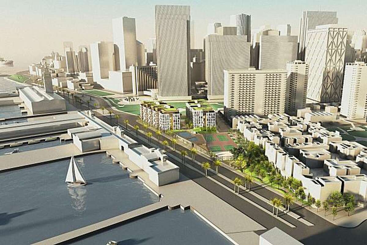 A model of what the mixed use development at 8 Washington Street would look like viewed from the north. The complex is planned to include a public park, 170 condos in two buildings, groundfloor shops and restaurants, an underground parking garage and a reconfigured Golden Gateway Tennis and Swim Club.