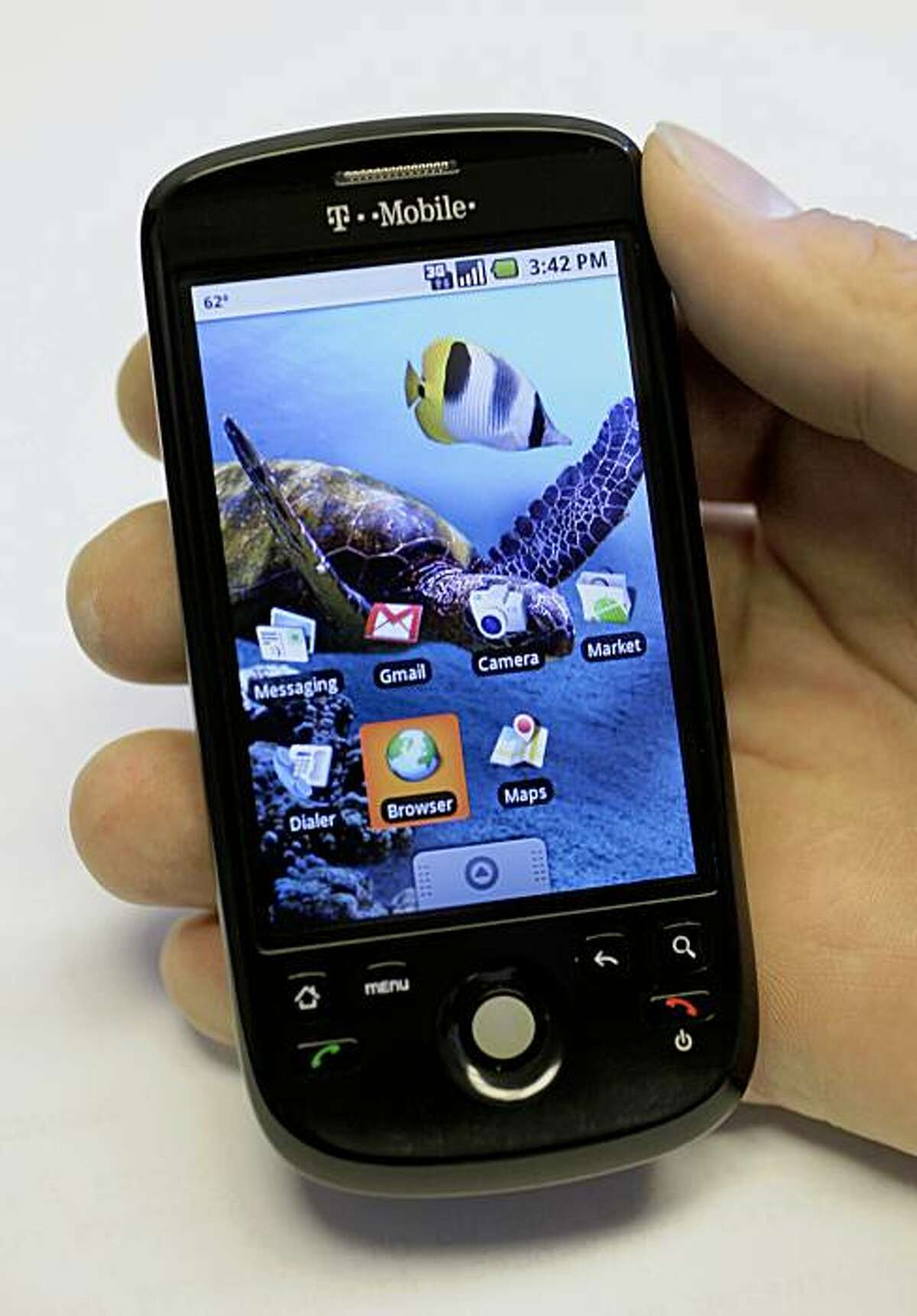 Shown is the the HTC myTouch from T-Mobile running Google's Android operating system in San Francisco, Monday, July 27, 2009. (AP Photo/Eric Risberg)