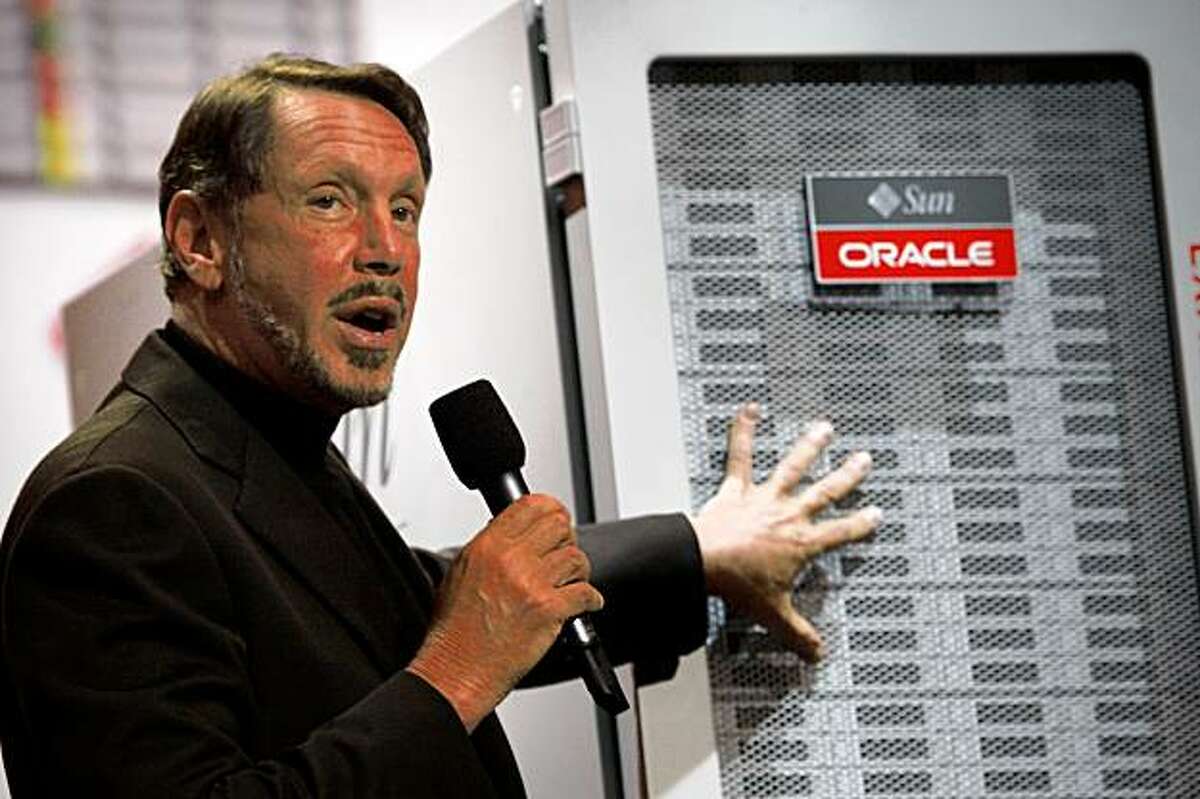 Oracle CEO Larry Ellison introduces the latest version of exadata at Oracle OpenWorld, in San Francisco Calif., on Wednesday, October 134, 2009.