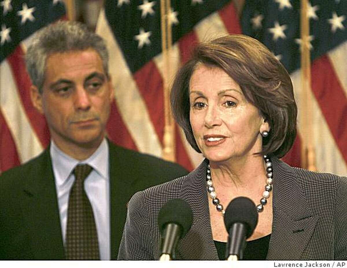House Democrat Caucus Chairman Rep. Rahm Emanuel, D-Ill., , left, looks on as House Speaker Nancy Pelosi of Calif., speaks during a news conference on Capitol Hill in Washington, Wednesday, May 14, 2008.