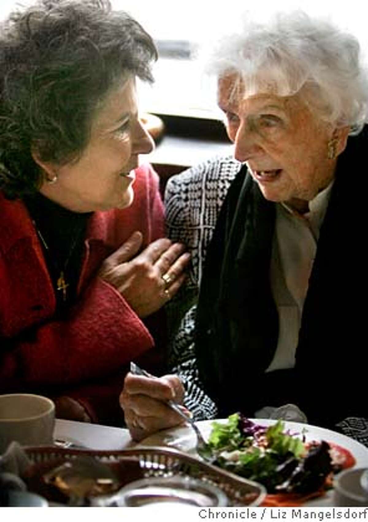 ###Live Caption:quakesurvivors045_lm.JPG Event on 4/4/06 in San Francisco. During her lunch 108-year-old Chrissie Martinstein, right, talks with her caregiver Bridget Ridley. Six 1906 quake survivors gathered at John's Grill in SF to talk about their memories (mainly with the media that swamped them). Liz Mangelsdorf /###Caption History:quakesurvivors045_lm.JPG Event on 4/4/06 in San Francisco. During her lunch 108-year-old Chrissie Martinstein, right, talks with her caregiver Bridget Ridley. Six 1906 quake survivors gathered at John's Grill in SF to talk about their memories (mainly with the media that swamped them). Liz Mangelsdorf /###Notes:###Special Instructions:MANDATORY CREDIT FOR PHOTOG AND SF CHRONICLE/NO SALES-MAGS OUT