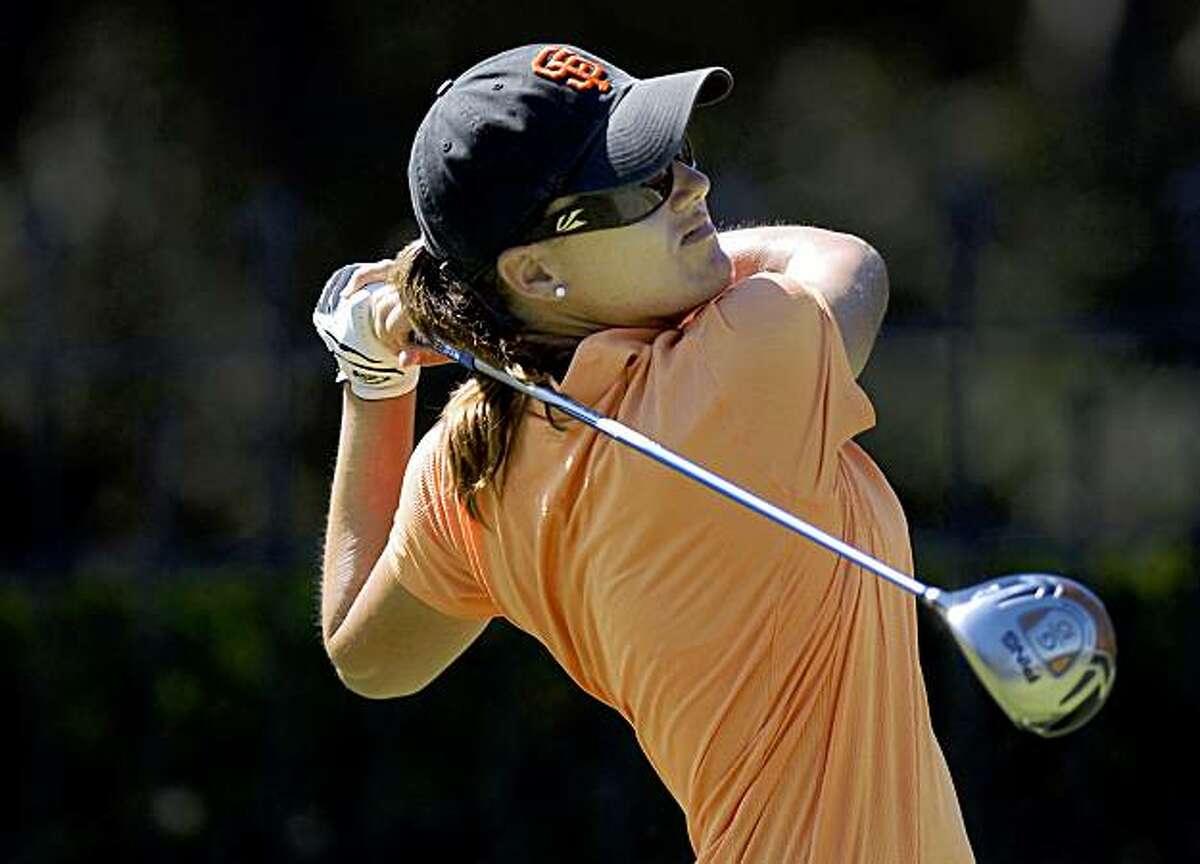 Sophie Gustafson, of Sweden, watches a shot during the first round of the CVS/pharmacy LPGA Challenge golf tournament at Blackhawk Country Club in Danville, Calif., Thursday, Sept. 24, 2009. Gustafson finished the round at 7 under par. (AP Photo/Contra Costa Times, Karl Mondon)