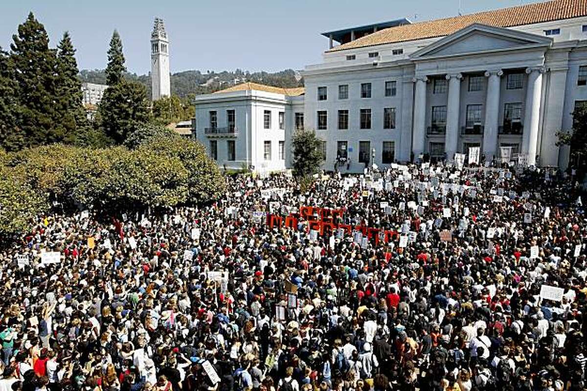Students and faculty fill Sproul Plaza on the UC Berkeley campus as they stage a walkout in protest of recent budget cuts and fee hikes Wednesday.