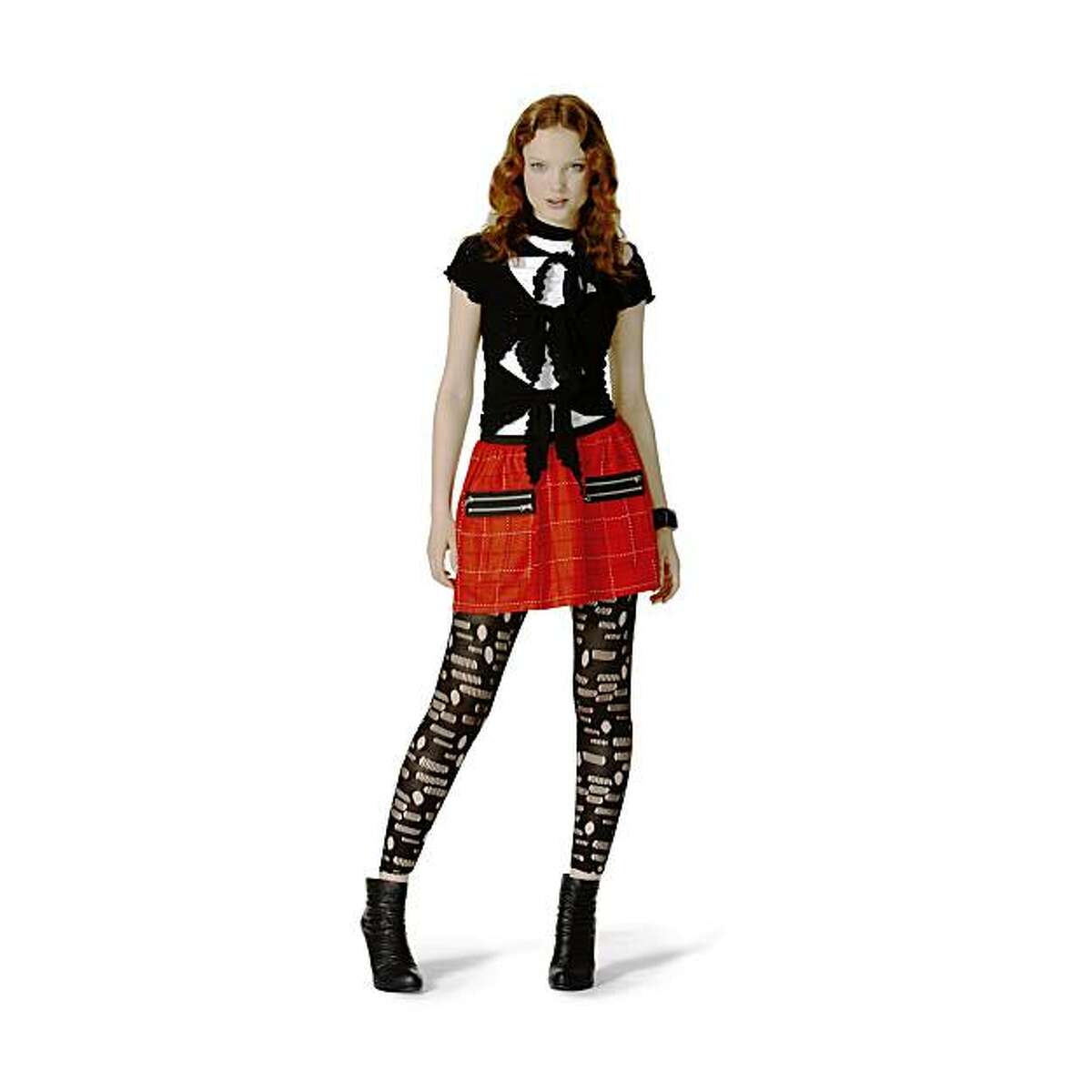 Anna Sui for Target Jenny-inspired look: Tulle tie-front top in black ($19.99), Tattersall skirt in red ($29.99) and hole leggings in black ($19.99).