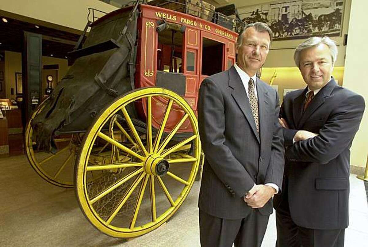 Wells Fargo and Co. Dick Kovacevich (left) and John Stumpf at the bank's San Francisco headquarters in 2003. Wells Fargo and Co. chairman Dick Kovaecvich (left) will step down in early 2010 and be replaced by CEO John Stumpf.
