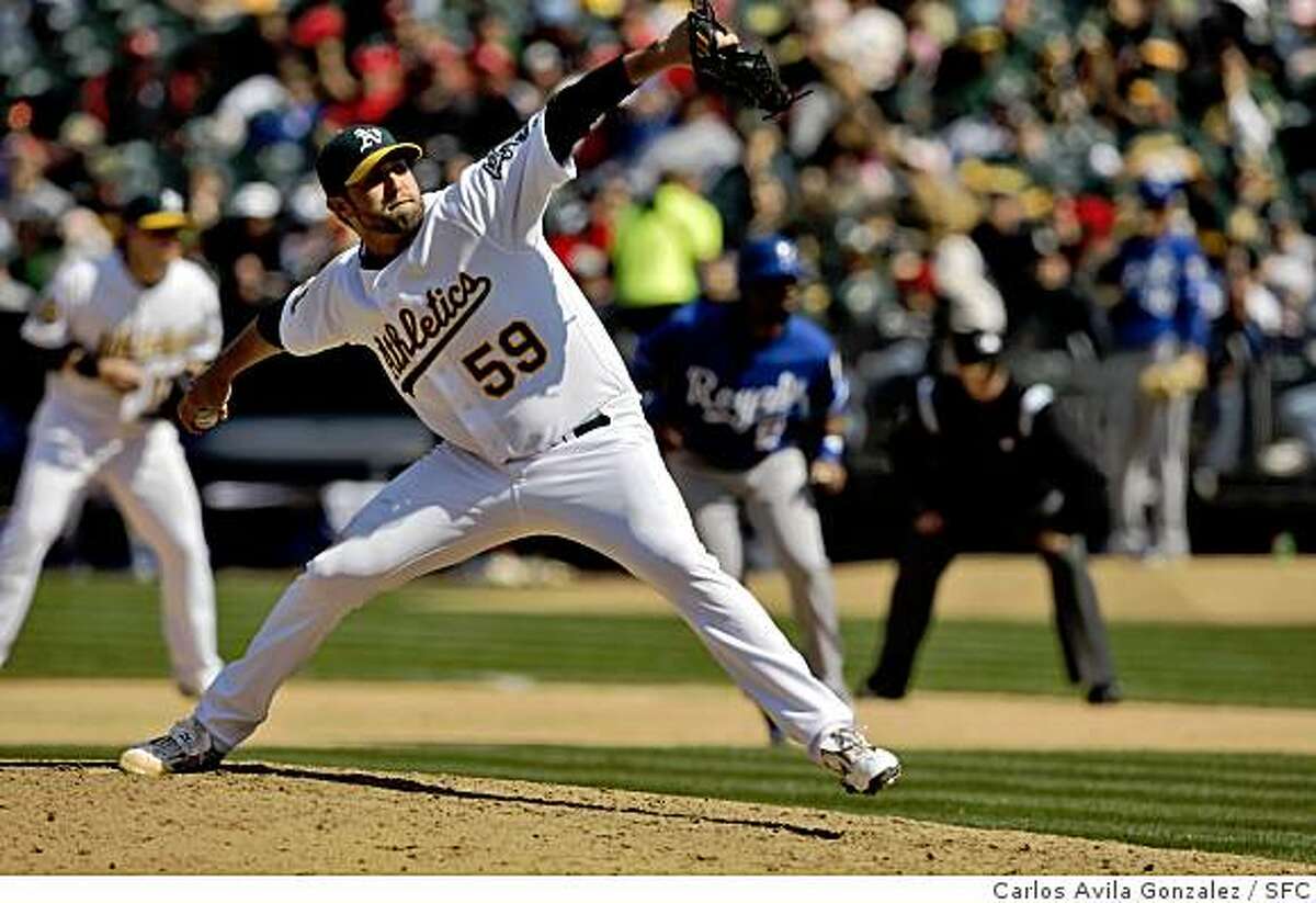 Oakland pitcher, Andrew Brown, came in for 2 1/3 innings of relief. The Oakland Athletics played the Kansas City Royals at McAfee Coliseum in Oakland, Calif., on Sunday, April 20, 2008. The Athletics won the game, 7-1.Photo by Carlos Avila Gonzalez / San Francisco Chronicle