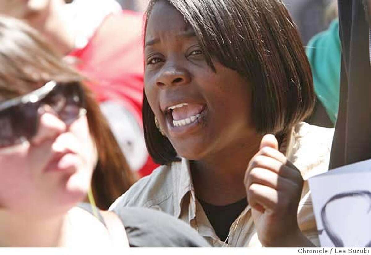 ###Live Caption:Flintisha Wilson, 17, of CSU Los Angeles, calls out with others while listening to speakers on the North steps of the Capitol building on Monday, April 21, 2008. Approximately 1,000 college students from around the state marched to the Capitol building from Raley Field in protest of proposed budget cuts to higher education in Sacramento, Calif. Photo By Lea Suzuki/ San Francisco Chronicle###Caption History:Flintisha Wilson, 17, of CSU Los Angeles, calls out with others while listening to speakers on the North steps of the Capitol building on Monday, April 21, 2008. Approximately 1,000 college students from around the state marched to the Capitol building from Raley Field in protest of proposed budget cuts to higher education in Sacramento, Calif. Photo By Lea Suzuki/ San Francisco Chronicle###Notes:###Special Instructions:�2008, San Francisco Chronicle/ Lea Suzuki MANDATORY CREDIT FOR PHOTOG AND SAN FRANCISCO CHRONICLE. NO SALES- MAGS OUT.