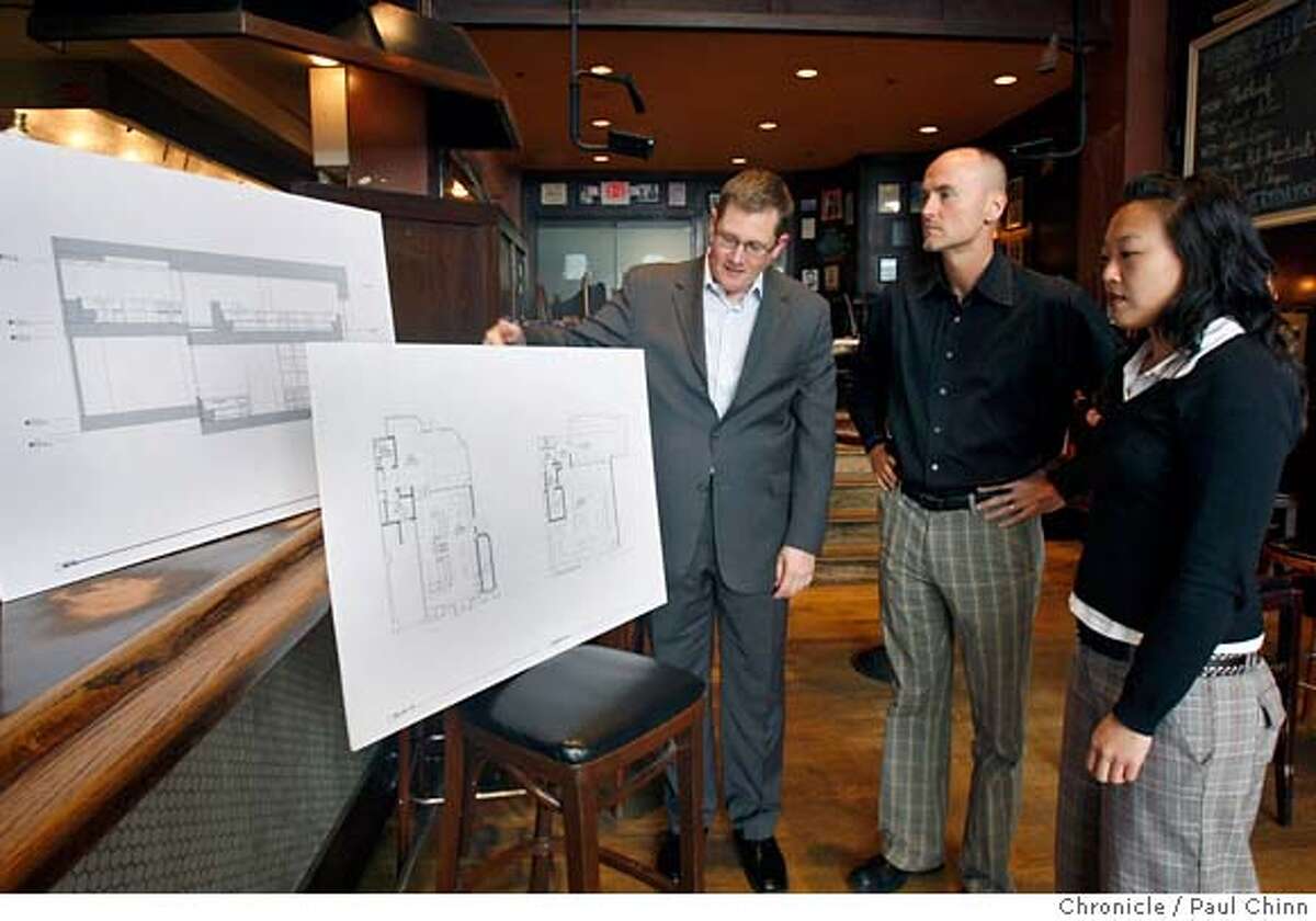 ###Live Caption:From left, Dave Hoemann, Chip Conley and executive chef Michelle Mah review architect's drawings in the former Perry's restaurant on Sutter Street in San Francisco, Calif., on Tuesday, April 1, 2008. Hotel and restaurant company Joie de Vivre will open a new eatery, Midi, at the site later this year. Photo by Paul Chinn / San Francisco Chronicle###Caption History:From left, Dave Hoemann, Chip Conley and executive chef Michelle Mah review architect's drawings in the former Perry's restaurant on Sutter Street in San Francisco, Calif., on Tuesday, April 1, 2008. Hotel and restaurant company Joie de Vivre will open a new eatery, Midi, at the site later this year. Photo by Paul Chinn / San Francisco Chronicle###Notes:Dave Hoemann, Chip Conley, Michelle Mah###Special Instructions:MANDATORY CREDIT FOR PHOTOGRAPHER AND S.F. CHRONICLE/NO SALES - MAGS OUT