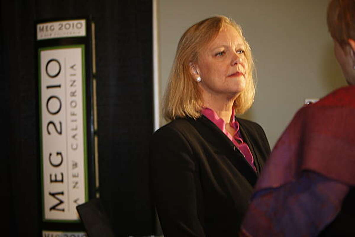 Meg Whitman, former CEO of eBay and candidate for governor, talks to people at the Meg 2010 booth before giving a keynote at the 20th Annual Conference of the Professional Business Women of California at Moscone Center on Wednesday May 6, 2009 in San Francisco, Calif.