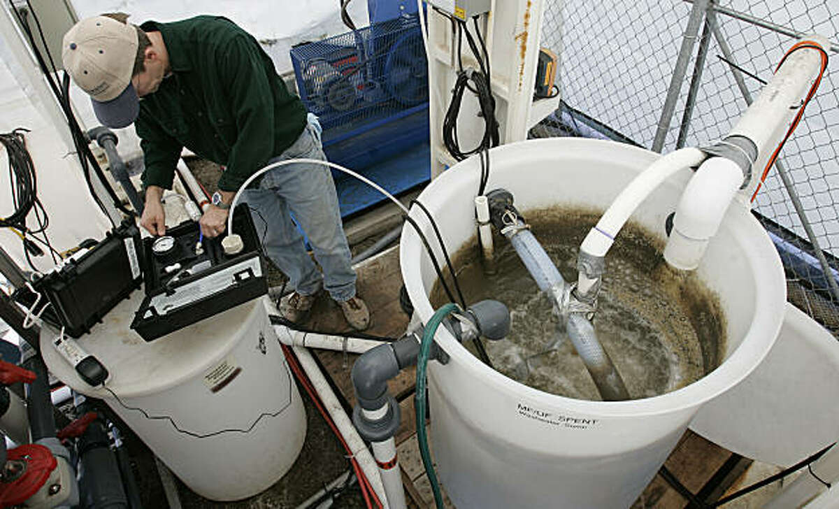 Todd Reynolds tests water running through one of the stages of the desalination process at a pilot project in Mill Valley in October 2005. The first project to transform saltwater from San Francisco Bay into drinking water is set to clear a major hurdle Wednesday night when the Marin Municipal Water District votes to approve a 5 million gallon a day desalination facility that would sit east of Highway 101 on San Rafael.