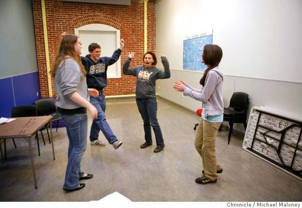 From left, Valerie Dohrer, Spencer Fortin, Natalya Gibbs-Kailand and Leyla Holt hold a warm up exercise prior to rehearsals of Katie Henry's play "Perfect Score". The teens were rehearsing seventeen-year-old Katie Henry's new one-act play, "Perfect Score,'' at the Berkeley Repertory Theatre in Berkeley, Calif. on March 24, 2008. Photo by Michael Maloney / San Francisco Chronicle