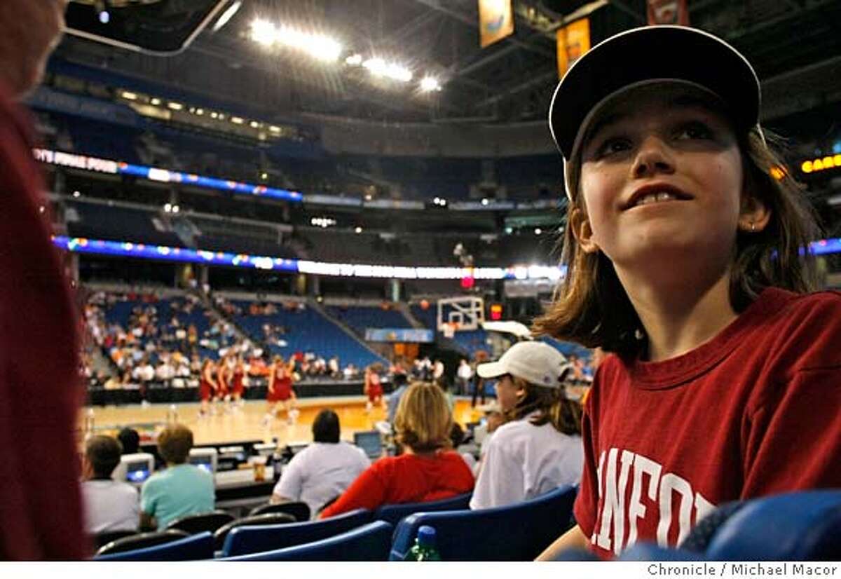###Live Caption:Abbey Katz, 8 and her mother Ruth travelled from Ithaca, New York to see the NCAA women's final four tournament, her mom is an alumni of Stanford University. The two watch the Stanford women during Saturday's practice at the St. Pete Times Forum in Tampa, Florida on April 5, 2008. Photo by Michael Macor/ San Francisco Chronicle###Caption History:Abbey Katz, 8 and her mother Ruth travelled from Ithaca, New York to see the NCAA women's final four tournament, her mom is an alumni of Stanford University. The two watch the Stanford women during Saturday's practice at the St. Pete Times Forum in Tampa, Florida on April 5, 2008. Photo by Michael Macor/ San Francisco Chronicle###Notes:The Women's NCAA Final Four Basketball Tournament in Tampa, Florida. The Stanford Cardinal women to take on University of Connecticut on April 6, 2008, in the first game of the semi finals.###Special Instructions:Mandatory credit for Photographer and San Francisco Chronicle No sales/ Magazines Out