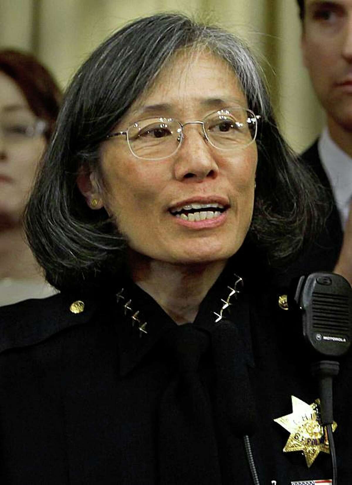 Current San Francisco Police chief Heather Fong speaks to the media during the introduction George Gascon, on Wednesday June 17, 2009 as the new Police Chief of San Francisco, Calif.