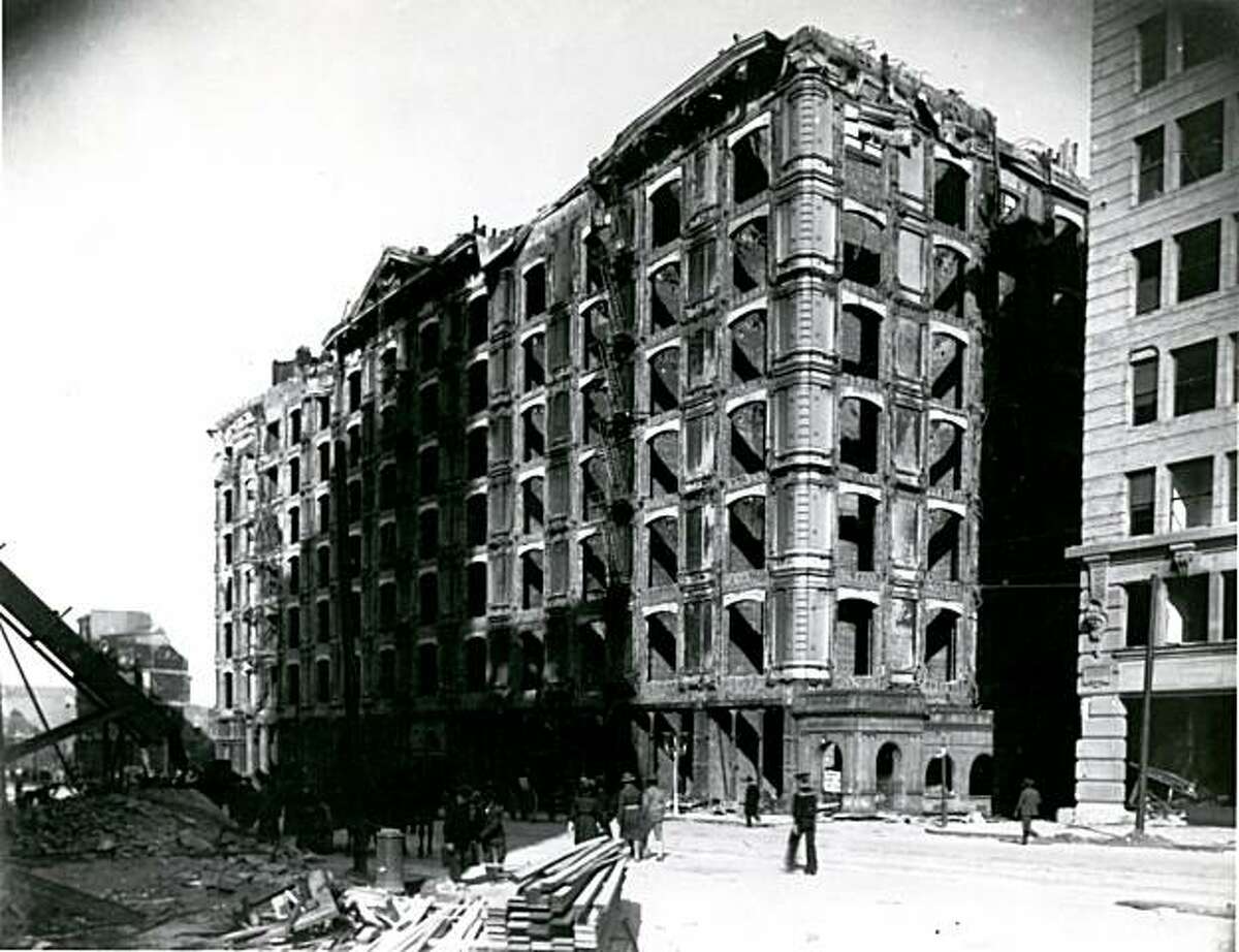 The picture from 1906 shows the Palace Hotel as seen from Geary Street following the 1906 earthquake. The Palace Hotel has been at the corner of New Montgomery and Market Streets for 134 years. It first opened in 1875 and was rebuilt in 1909 after the 1906 earthquake. The Palace is celebrating its centennial this year with a number of celebrations.